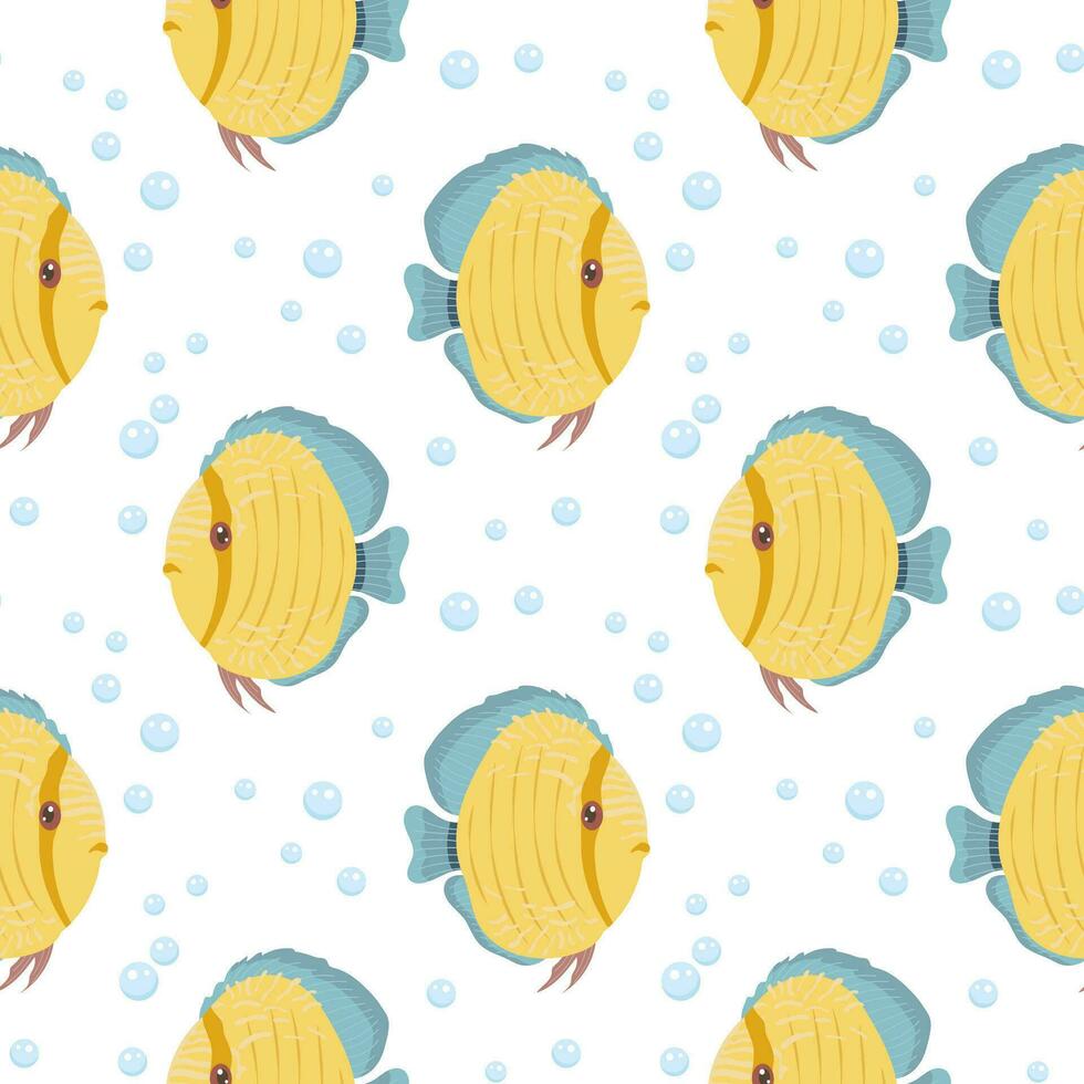 Seamless pattern, cute cartoon kawaii zebrafish and bubbles in the water. Background, children's print, vector