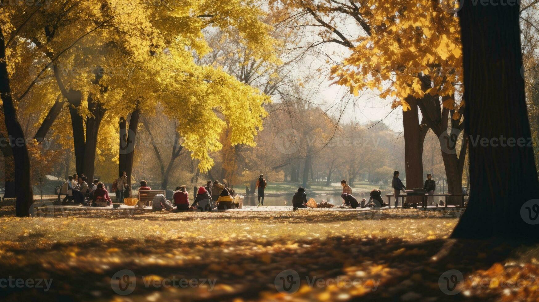 Group of people relaxing among trees in city park. Generative AI photo