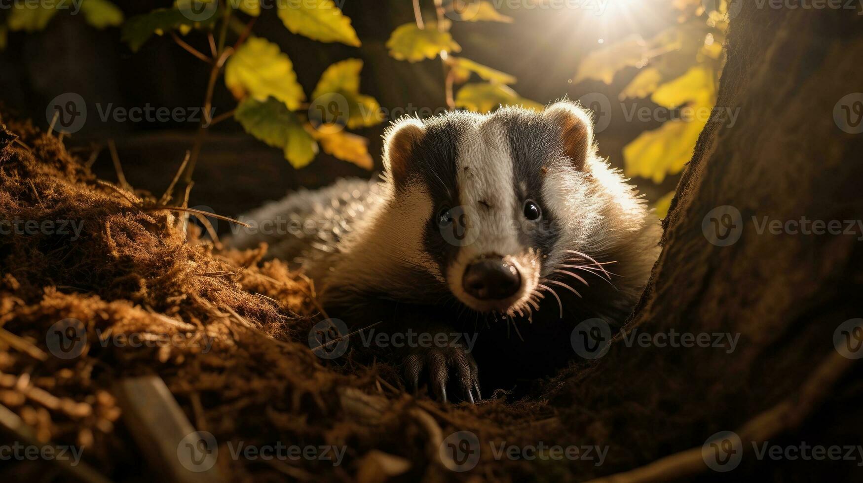 Wild badger in forest, animal in nature habitat. Generative AI photo