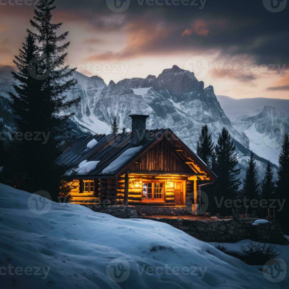 Fantastic winter landscape with wooden house in snowy mountains. Christmas and winter vacations holiday concept. Generative AI photo