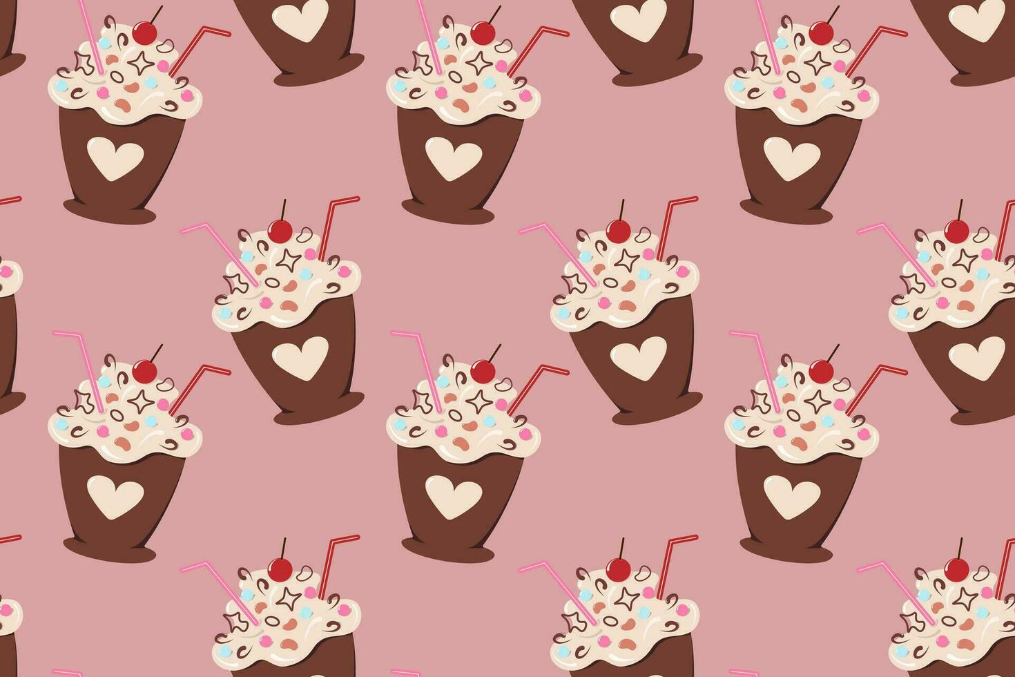 Seamless pattern of abstract dessert in cup with straw and confectionery decoration. Happy Cake day vector