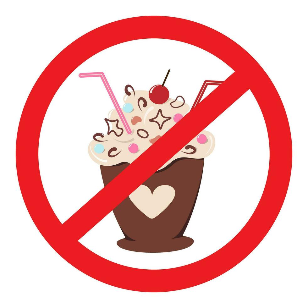 Dessert in a cup with a cocktail straw and decorations under the ban sign. No sweets and baked goods vector