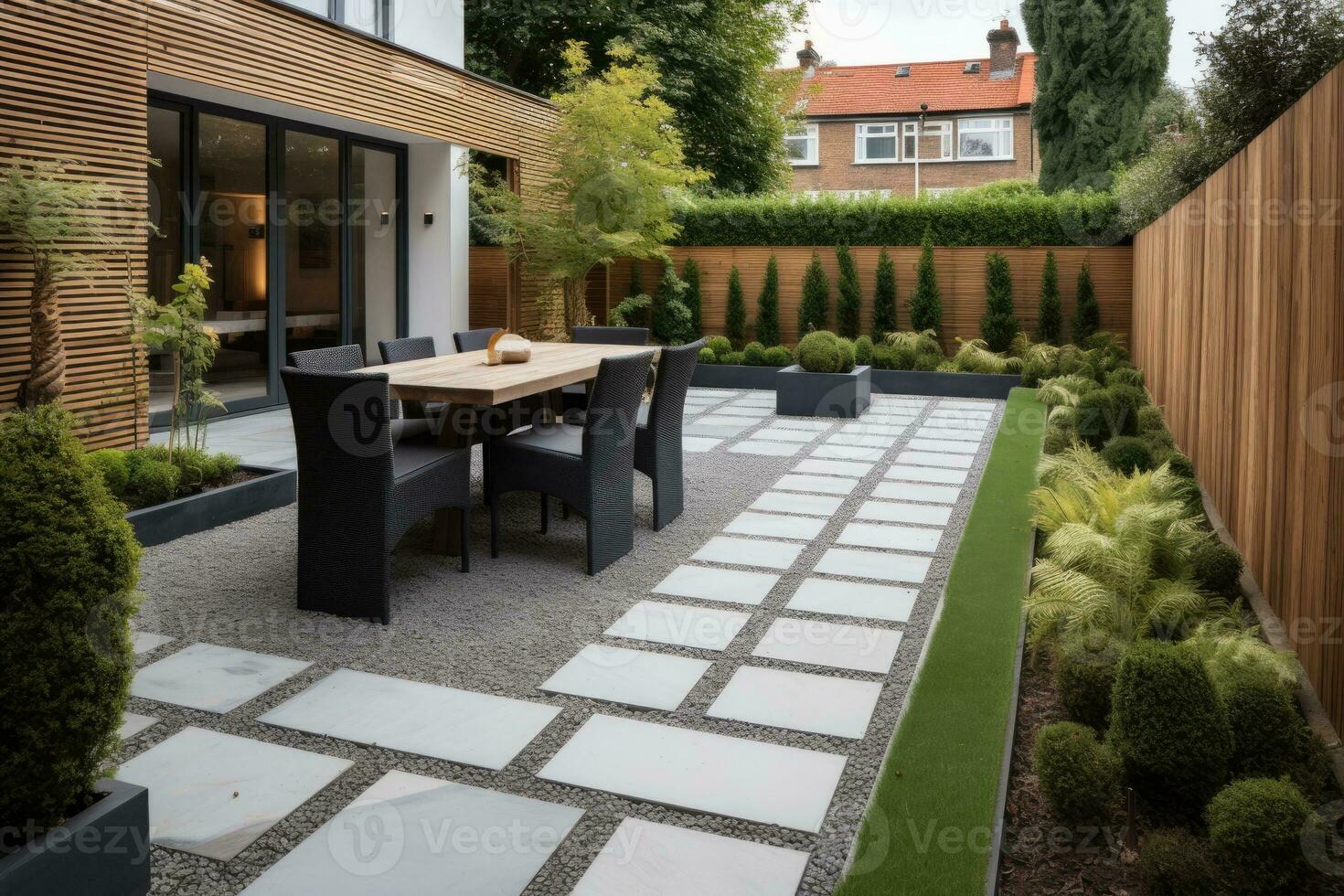 Beautiful of modern terrace with deck flooring and fence, green potted flowers plants and outdoors furniture. Cozy relaxing area at home. Generative AI photo