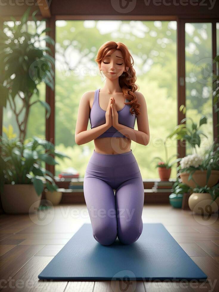 un niña es haciendo yoga, ai generado foto