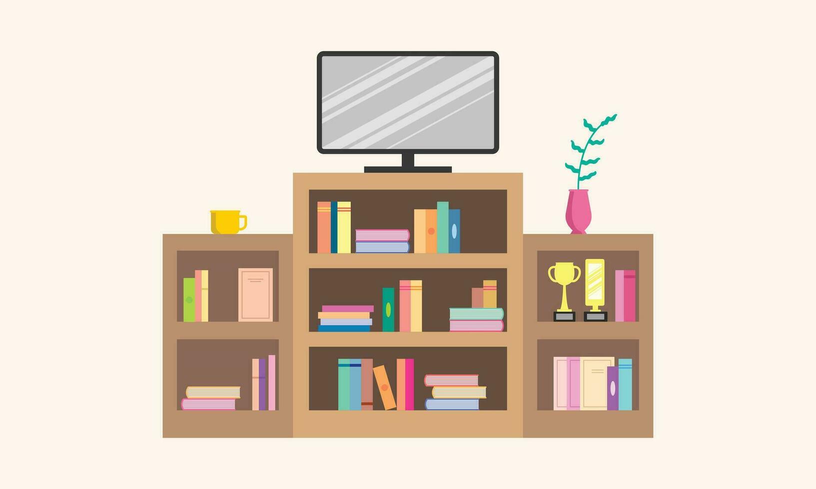 TV on bookshelf filled with books and trophy flat vector illustration. Television on a drawer template. Cute interior design for living room.