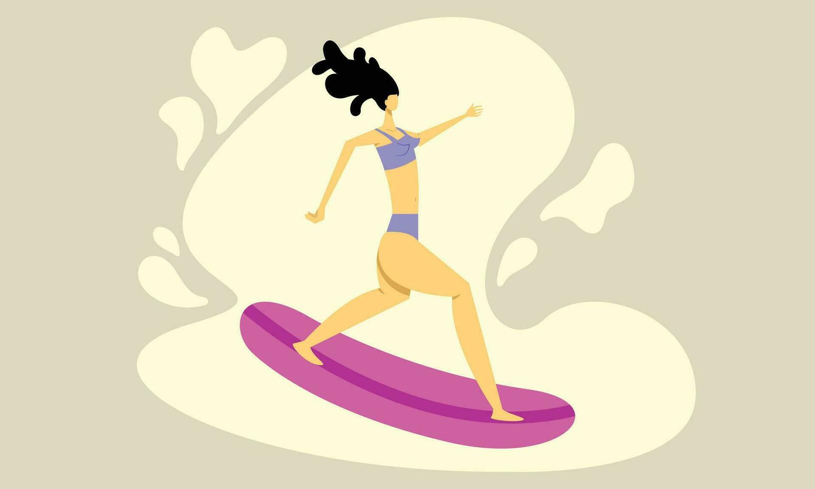 Female surfer flat vector illustration. A girl with long hair wearing swimsuit surfing at sea.