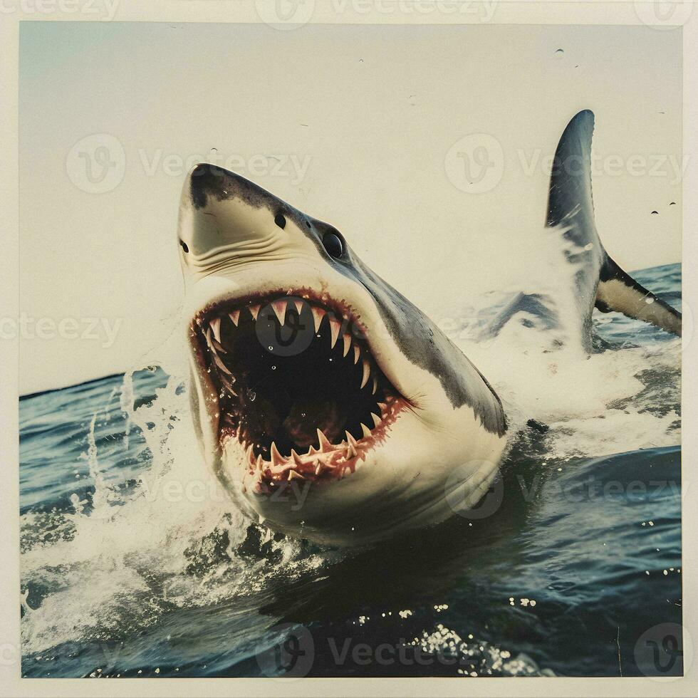 Shark Attack Captured in Polaroid Artistry. Generative AI. photo