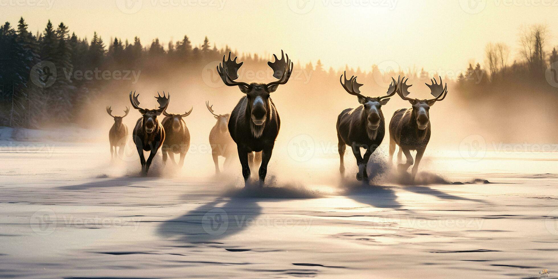 Majestic Canadian Winter Mooses on Frozen Lake. Generative AI. photo