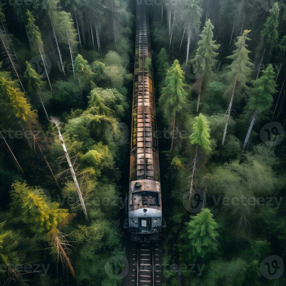 Aerial View of Rusty Train in Untamed Forest. Generative ai. photo