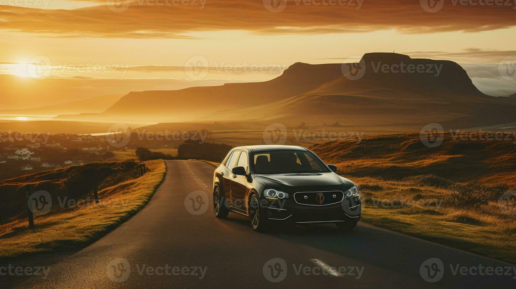 On the Road at Dusk. A Vehicle's Quiet Contemplation Amidst Nature's Glory. Generative AI photo