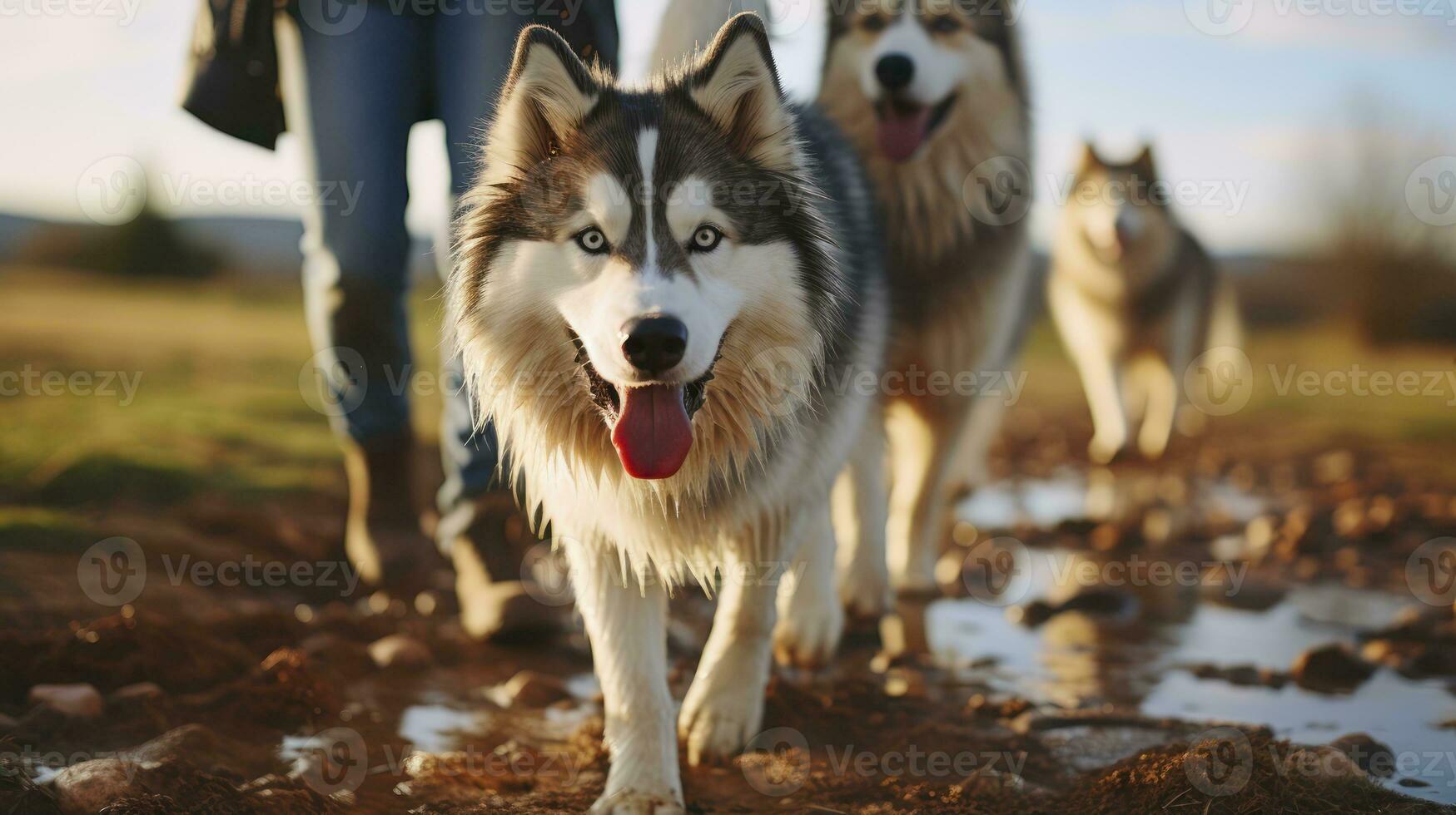 A Couple and Their Husky, Weaving Memories on Every Path They Tread. Generative AI photo