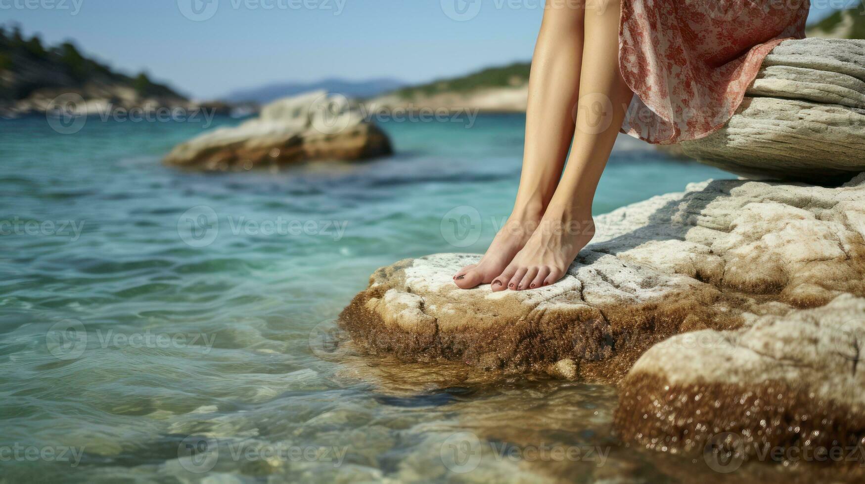 Close up of young woman's feet on at Stone beach, and turquoise water. Generative AI photo