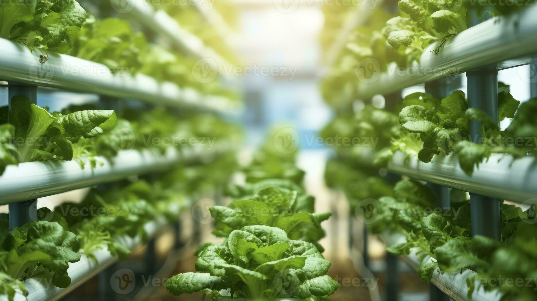Eco-Friendly Cultivation. Close-Up on Vertical Hydroponic Lettuces. Generative AI photo