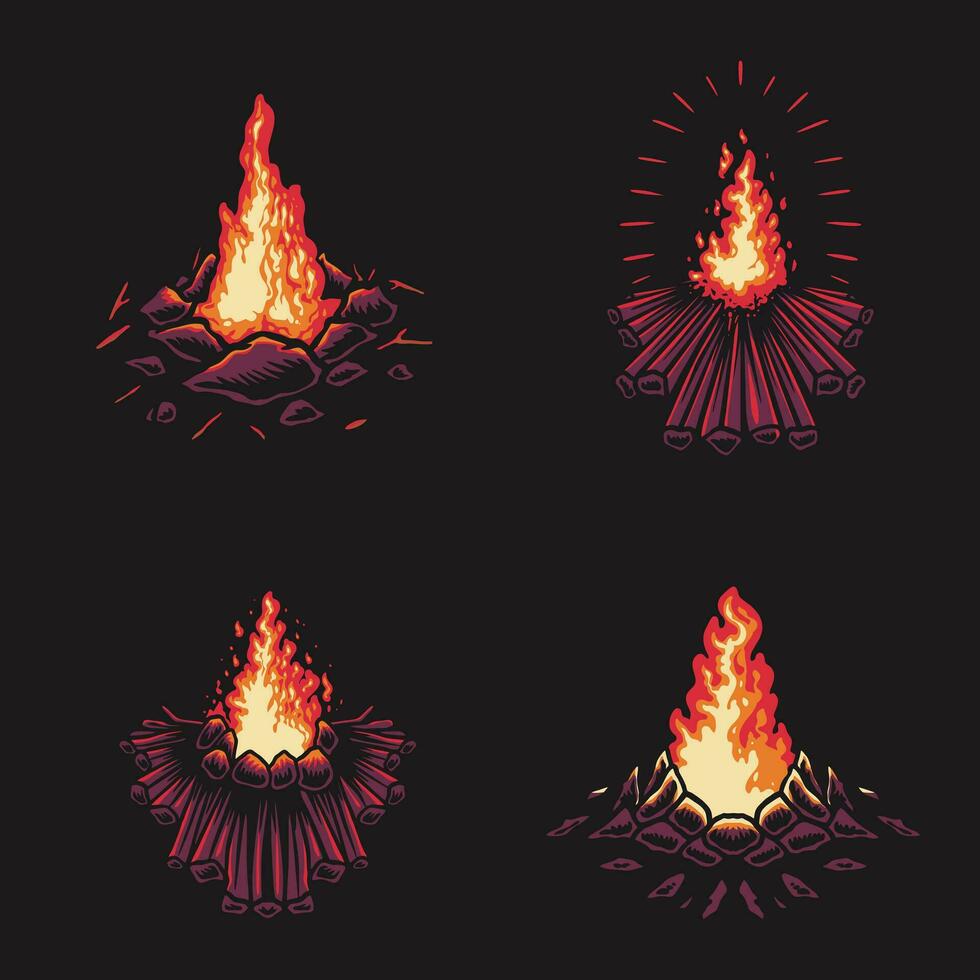 4 Camp Fire Bundling Design Retro Illustration vector