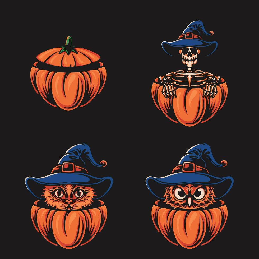 calabaza Víspera de Todos los Santos y personaje vector ilustración