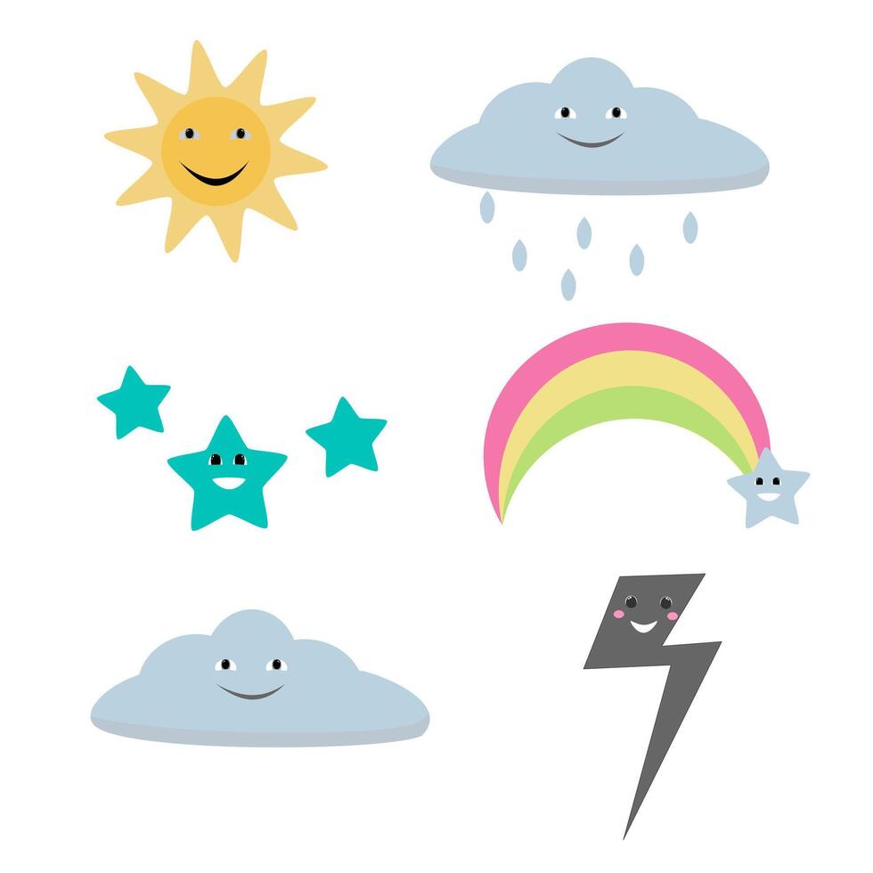 Cute Kawaii Nature Editable Design Element Of Sun, Clouds, Stars, Rainbow And Thunder Clipart vector