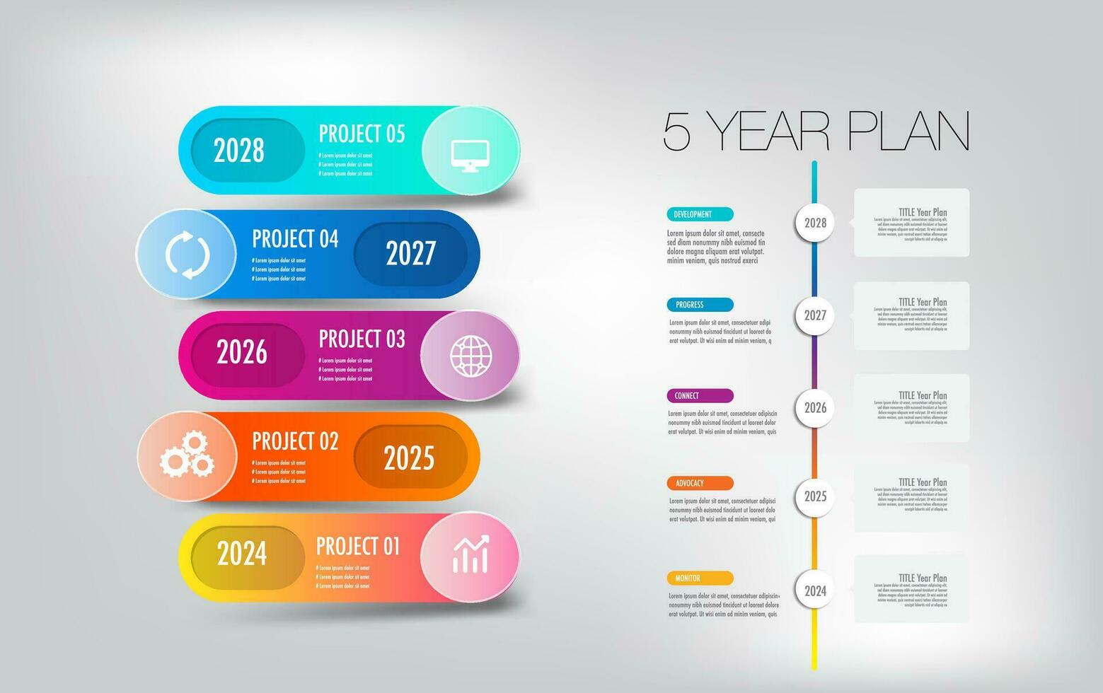 5 5 año plan proyectos hito modelo para presentación fácilmente a identificar cuales etapa de proyecto es actualmente tal como, desarrollar, Progreso vector