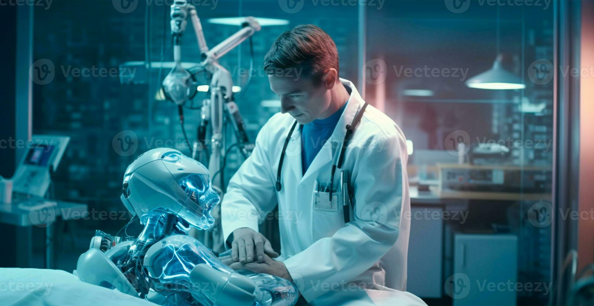 Hospital of the future, cyber doctor, advanced modern cyberpunk technologies - AI generated image photo