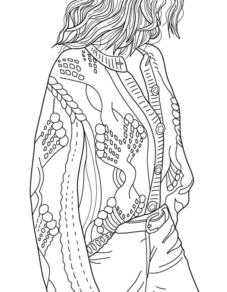 Sketch for adult coloring book. Vector illustration, beautiful girl in sweater. Black and white, Vector illustration. Design for decoration, sticker, pattern, and more. Fashion coloring pages
