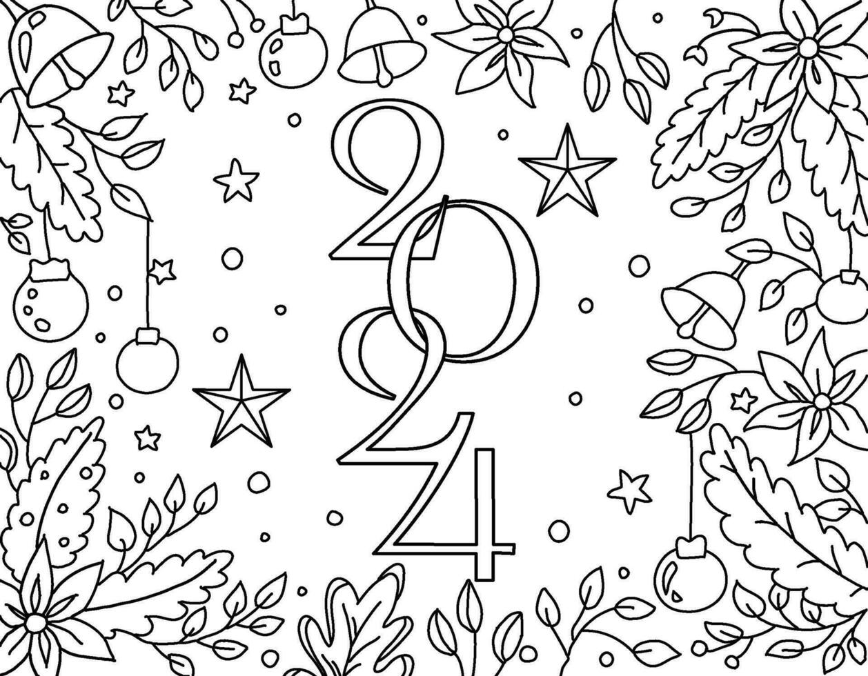 Hand drawing coloring page for kids and adults. Holiday greeting card Happy New Year 2024, Merry Christmas. Beautiful drawing with patterns and small details. Children Colouring book pictures. Vector