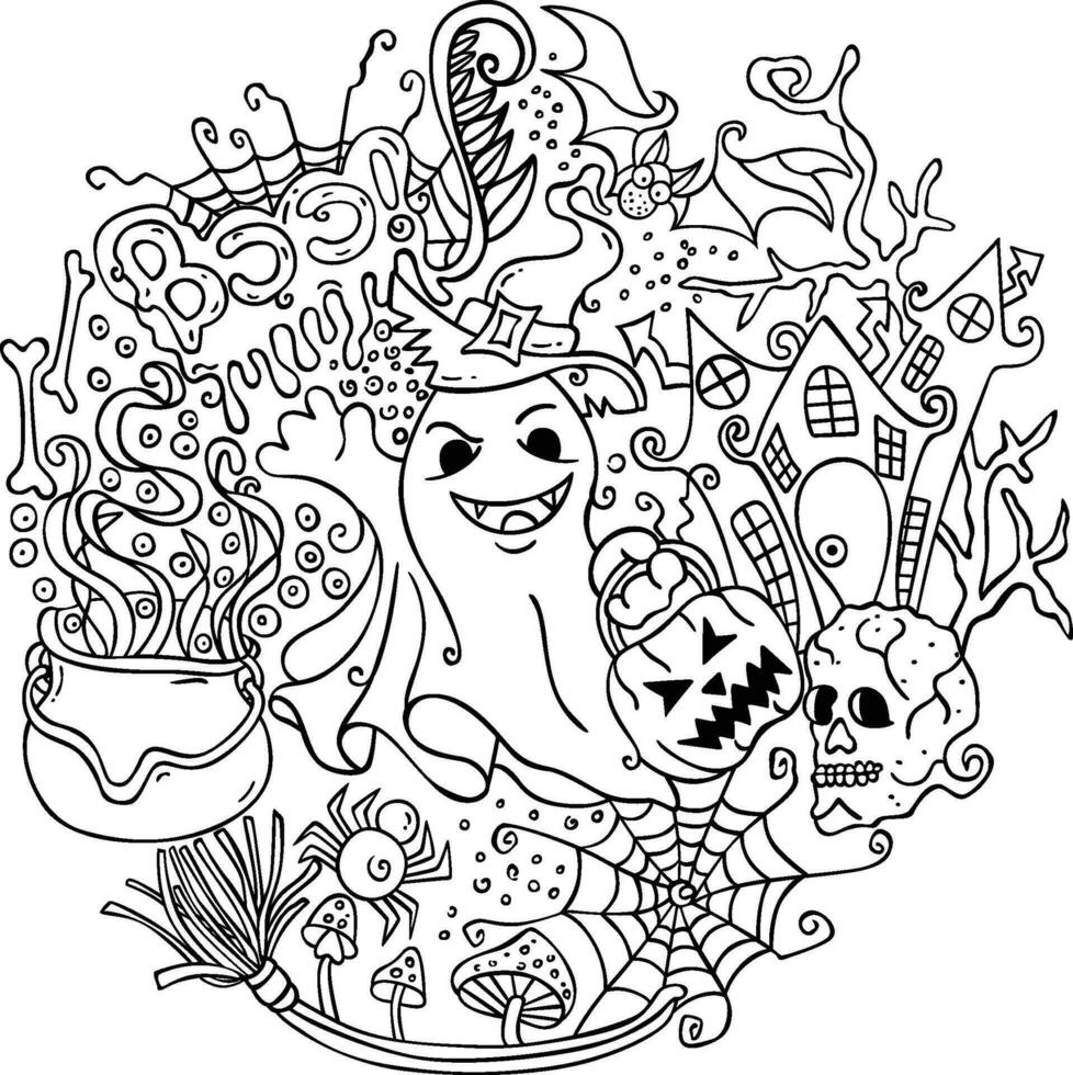 Happy Halloween black line drawing illustration in the doodle style vector