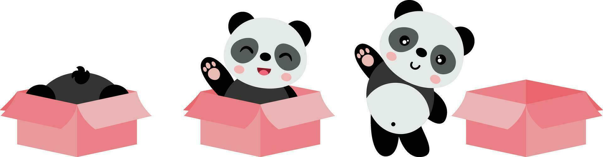 Cute panda in different positions going out a cardboard box vector