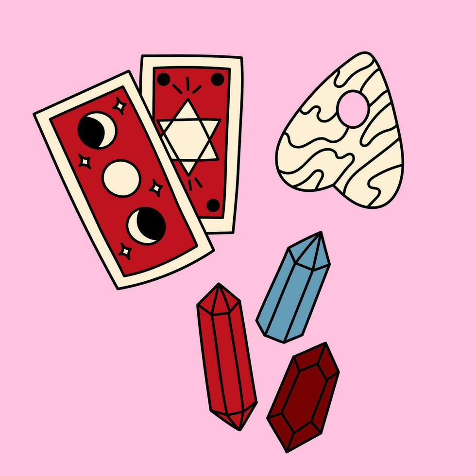 Cute doodle illustration in flat style, clipart set of tarot cards, crystals and ouija board on pink background, fortune telling. Witch items, witchcraft. vector