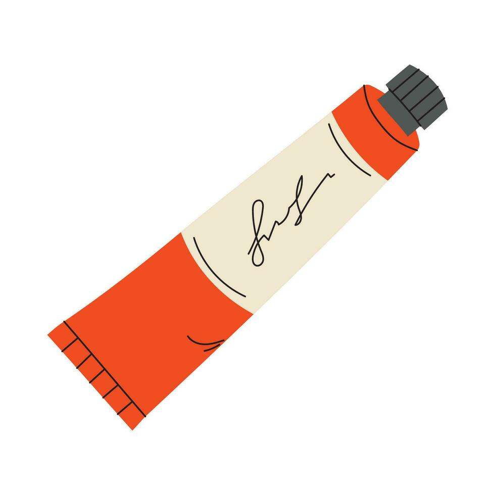 Tube of red paint with heart, oil paint, acrylic, gouache or watercolor, cartoon style. Trendy modern vector illustration isolated on white background, hand drawn, flat design