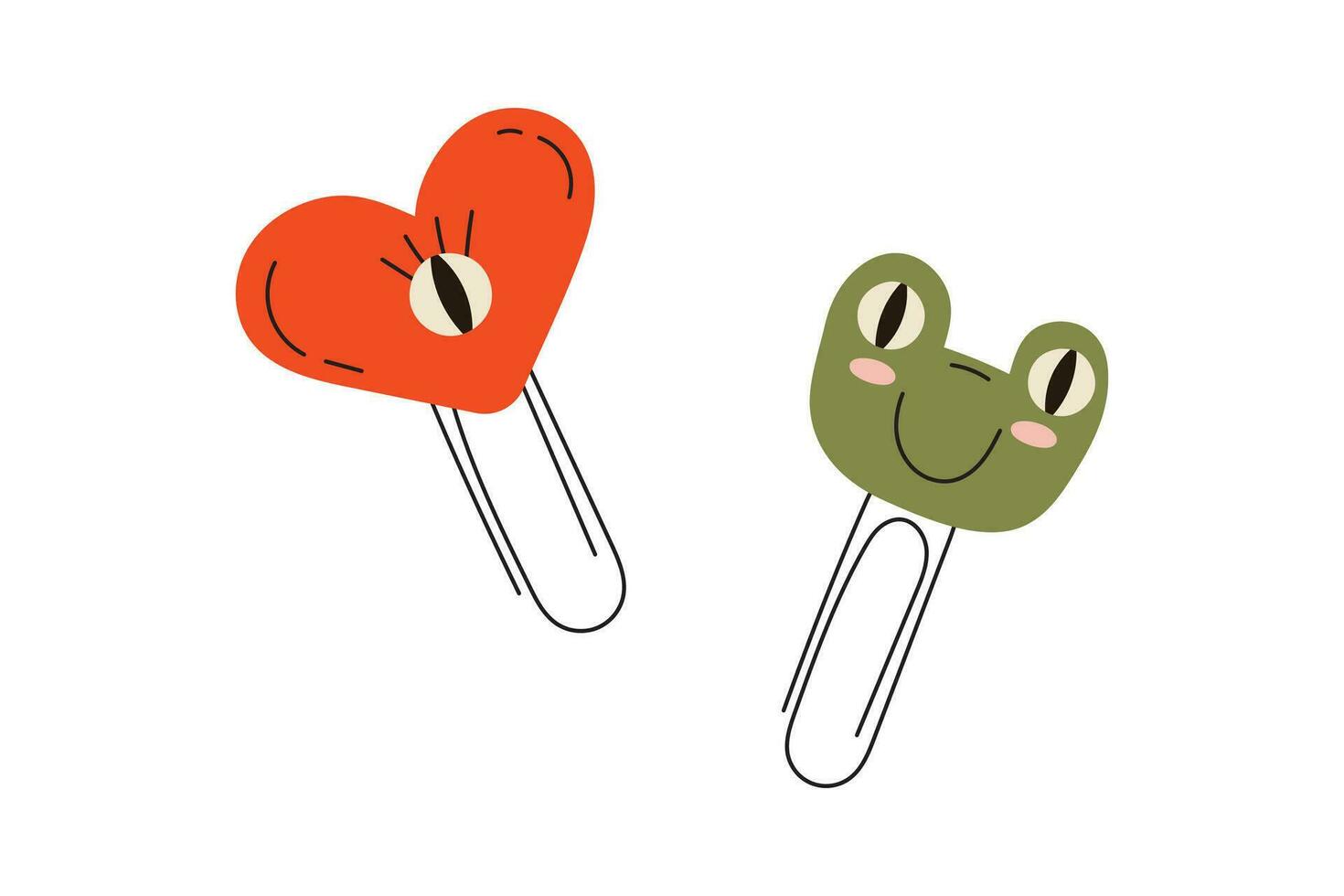 Cute baby heart and frog paper clips in flat and simple style. Colorful school and office stationery and accessories. Vector stock illustration on isolated white background.