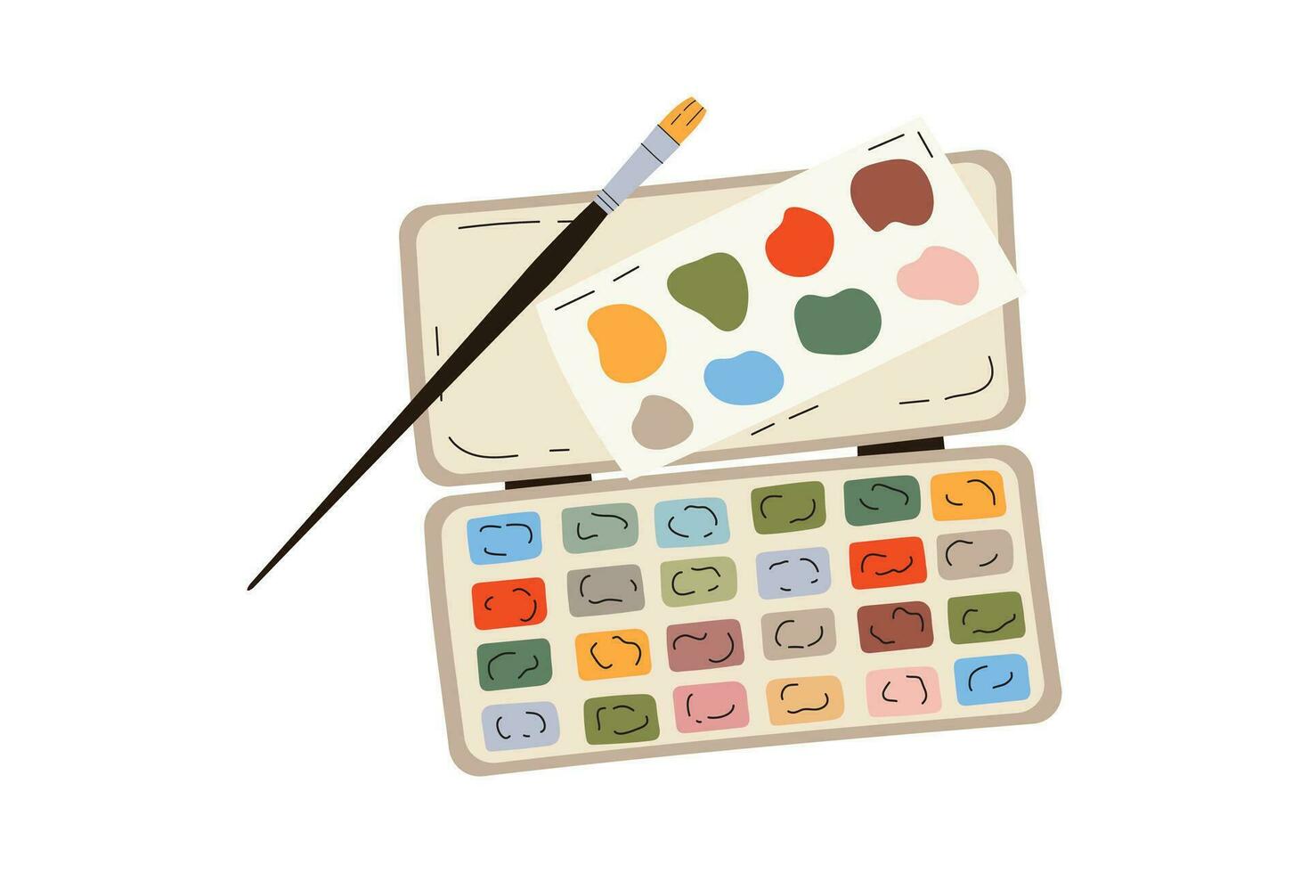 Watercolor paints box and drawing brush. Watercolour palette and paintbrush. Water colour pallette case with different dyes for artist. Colored flat vector illustration isolated on white background