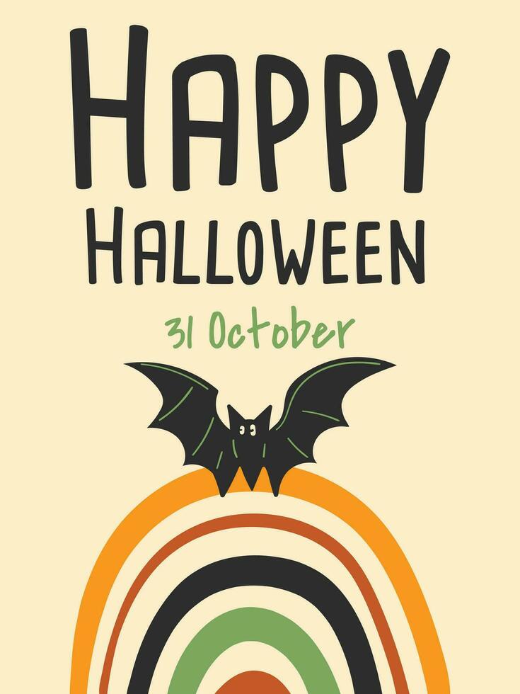 Happy Halloween card with Bat and Rainbow Pro Vector