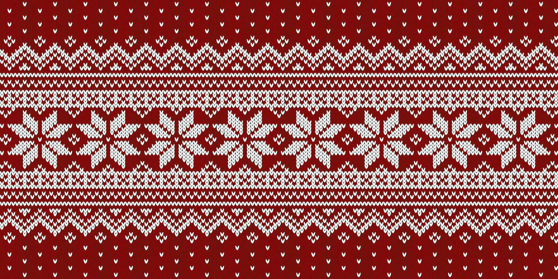 Christmas sweater knitted pattern, white ornament on red background. Vector design.