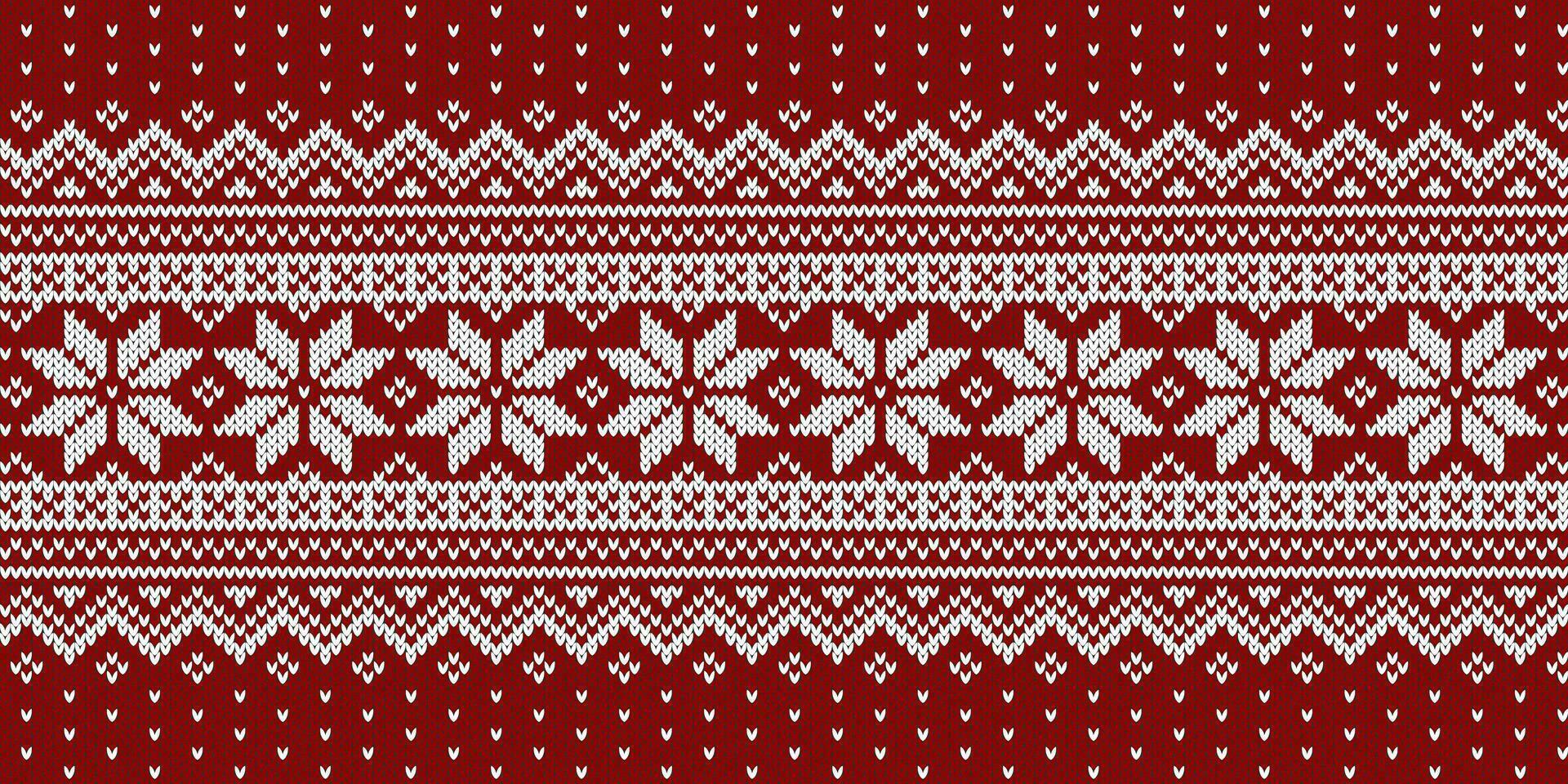 Christmas sweater knitted pattern, white ornament on red background. Vector design.