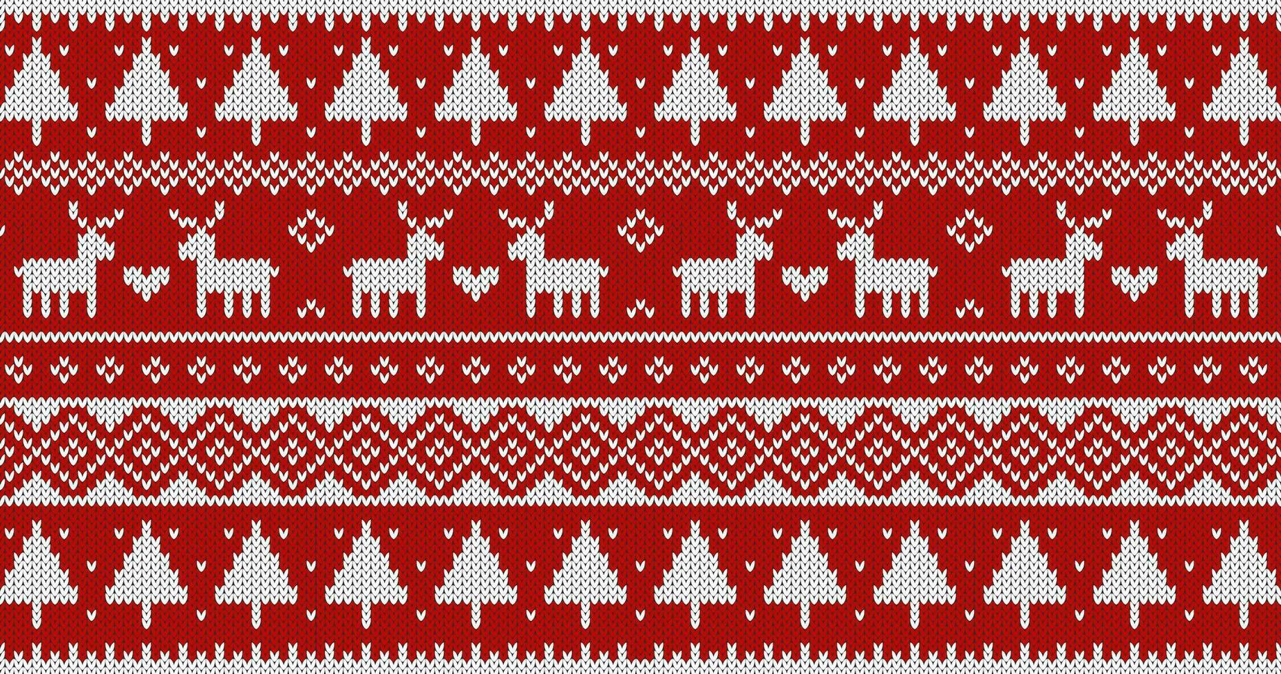 Christmas sweater knitted pattern with deer and trees. White ornament on red background. Vector design.