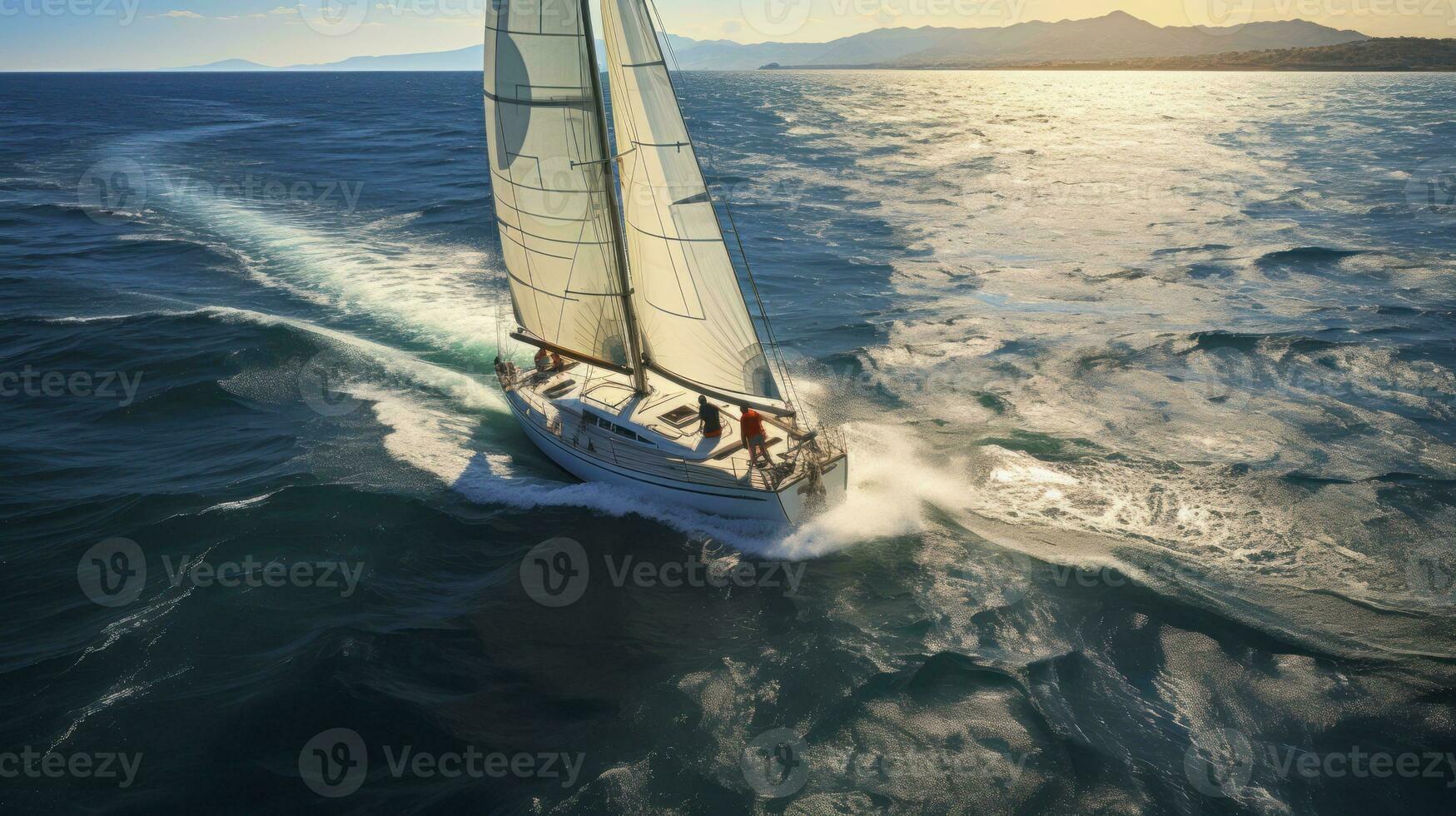 Aerial view of Regatta sailing ship yachts with white sails at open sea. Generative AI photo