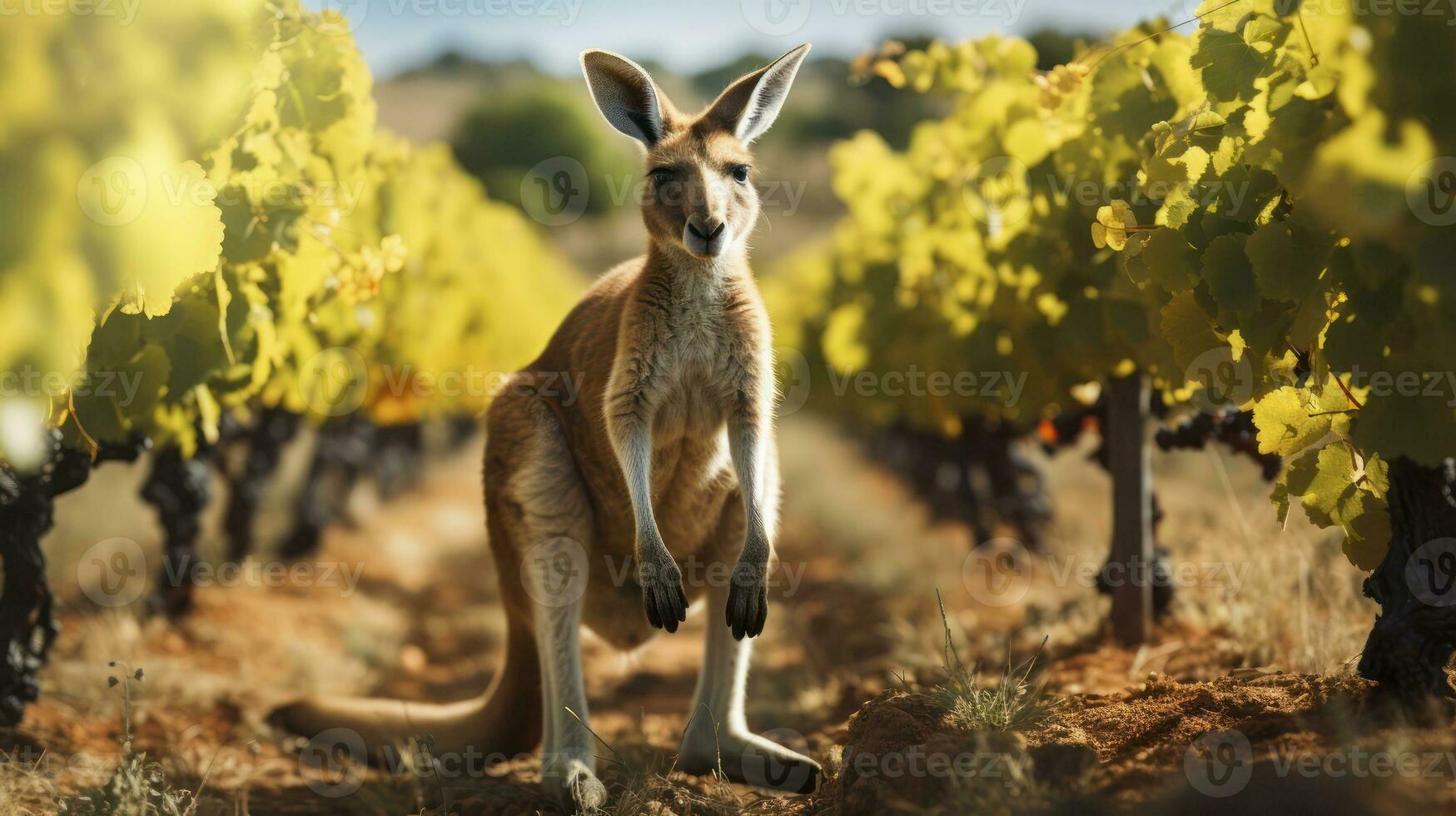 Kangaroo Encounters in the Lush Vineyard. Generative AI photo