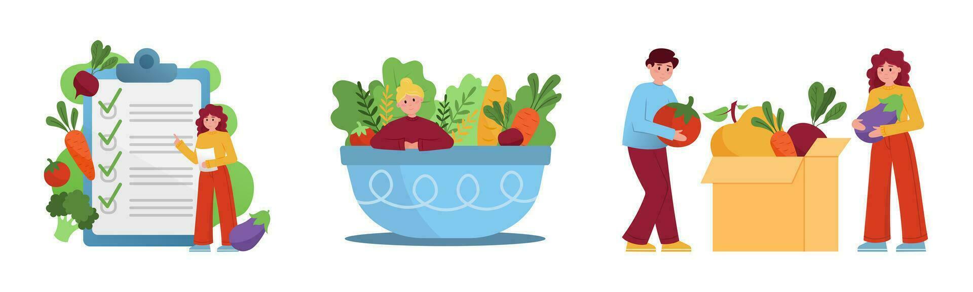 conjunto de dibujos animados caracteres de joven personas comiendo sano comida vector