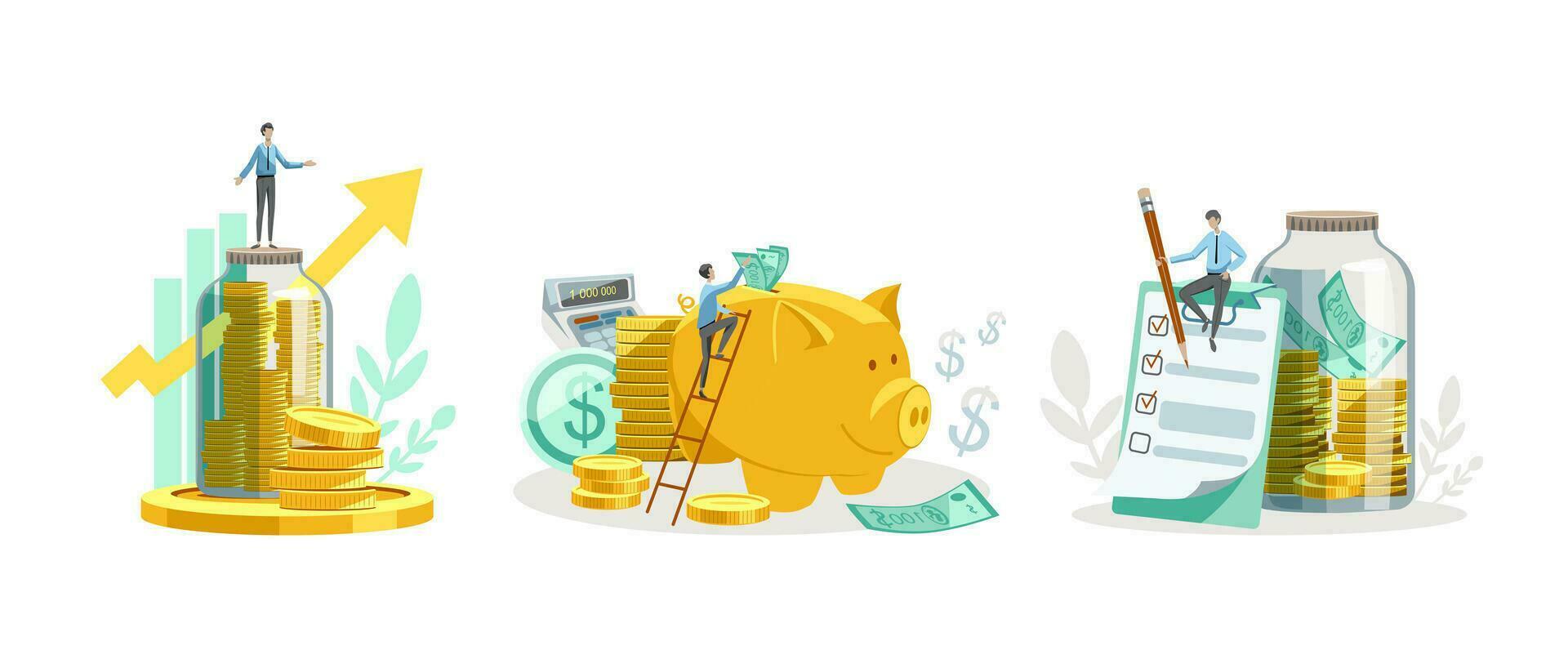 Savings jar and piggy bank with characters and gold coins and green dollars vector