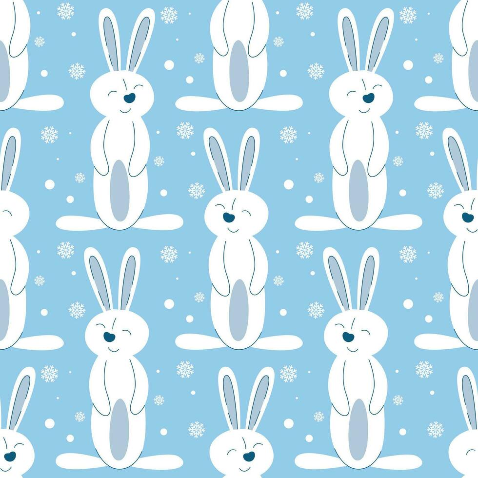Funny winter seamless pattern with white bunnies vector