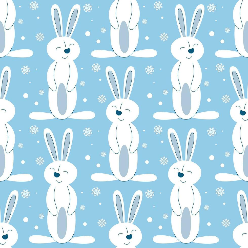 Funny winter seamless pattern with white bunnies vector