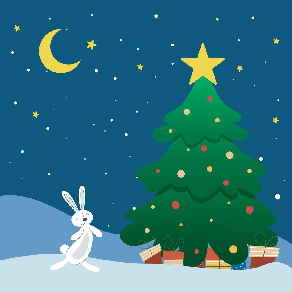 Bunny stands at New Year tree with gifts at night vector