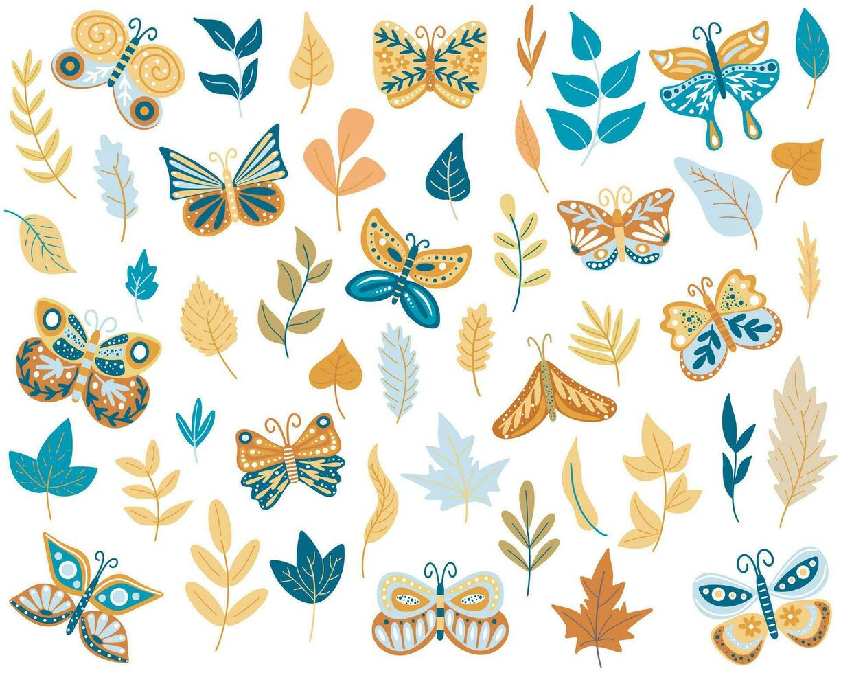 Collection exotic butterflies and twigs isolated on white background vector