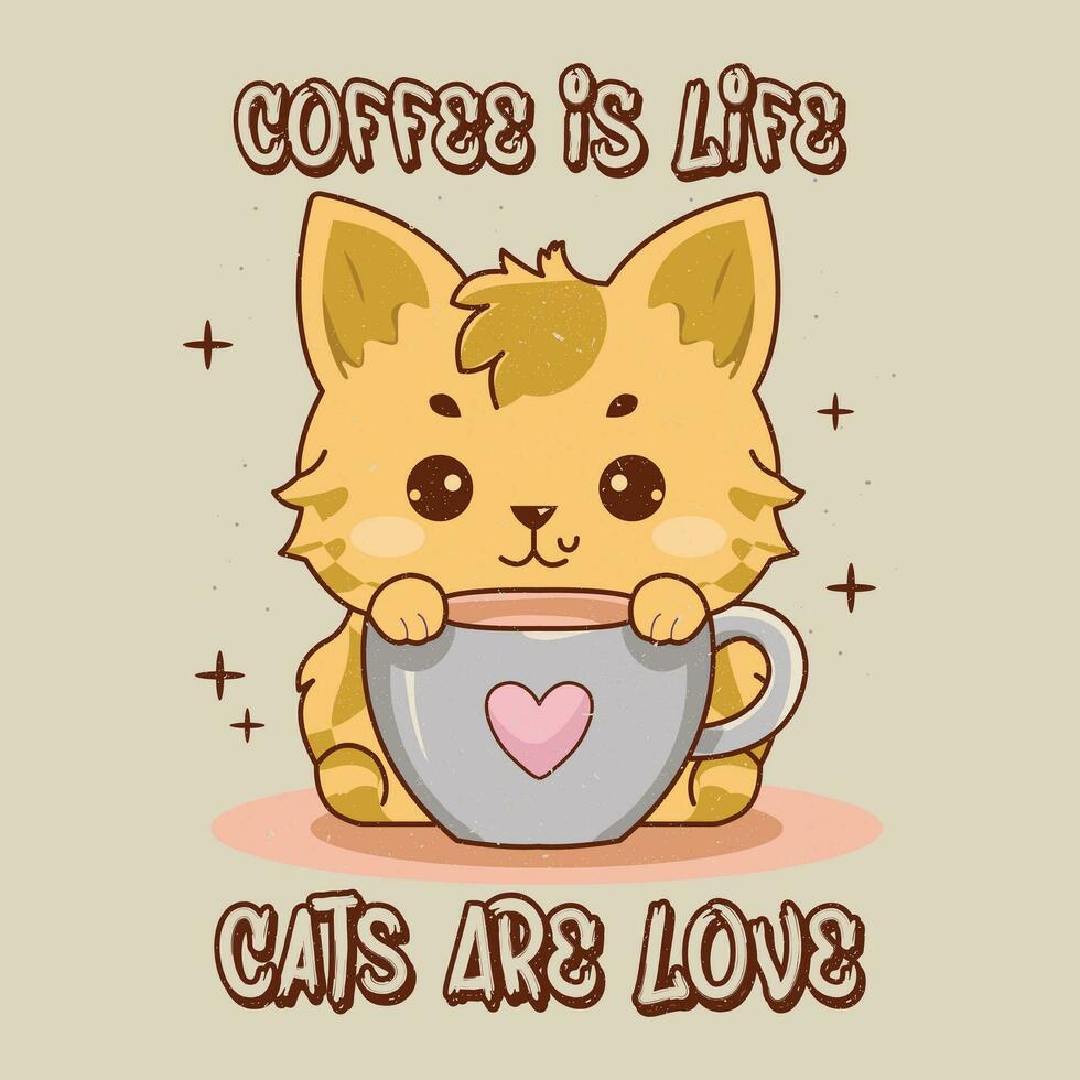 Cat with Coffee Retro Tshirt Design Vector Illustration