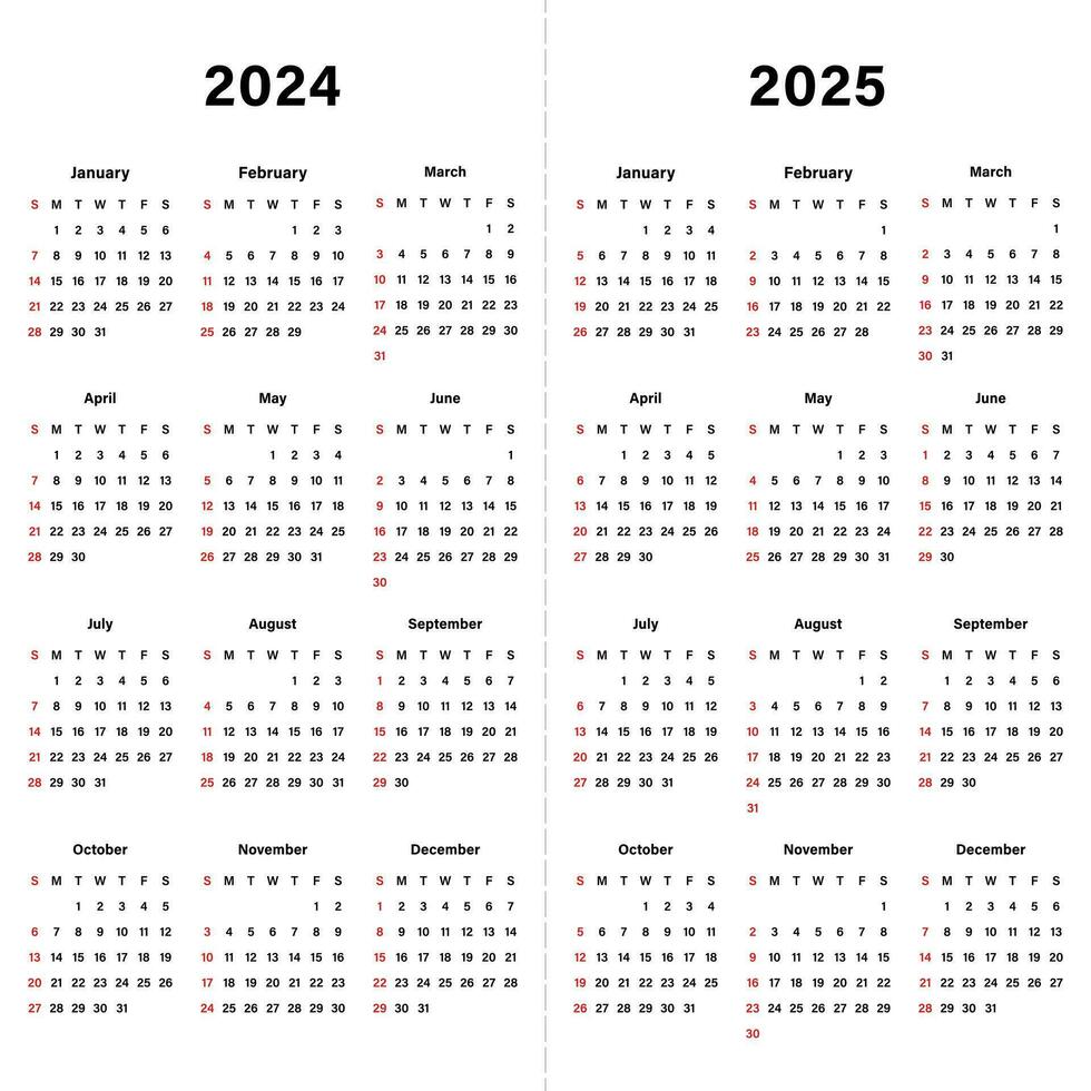 calendario 2024 y calendario 2025 modelo diseño. diseño para plan nota, agenda, oficina anual cronograma, negocio, diario vector