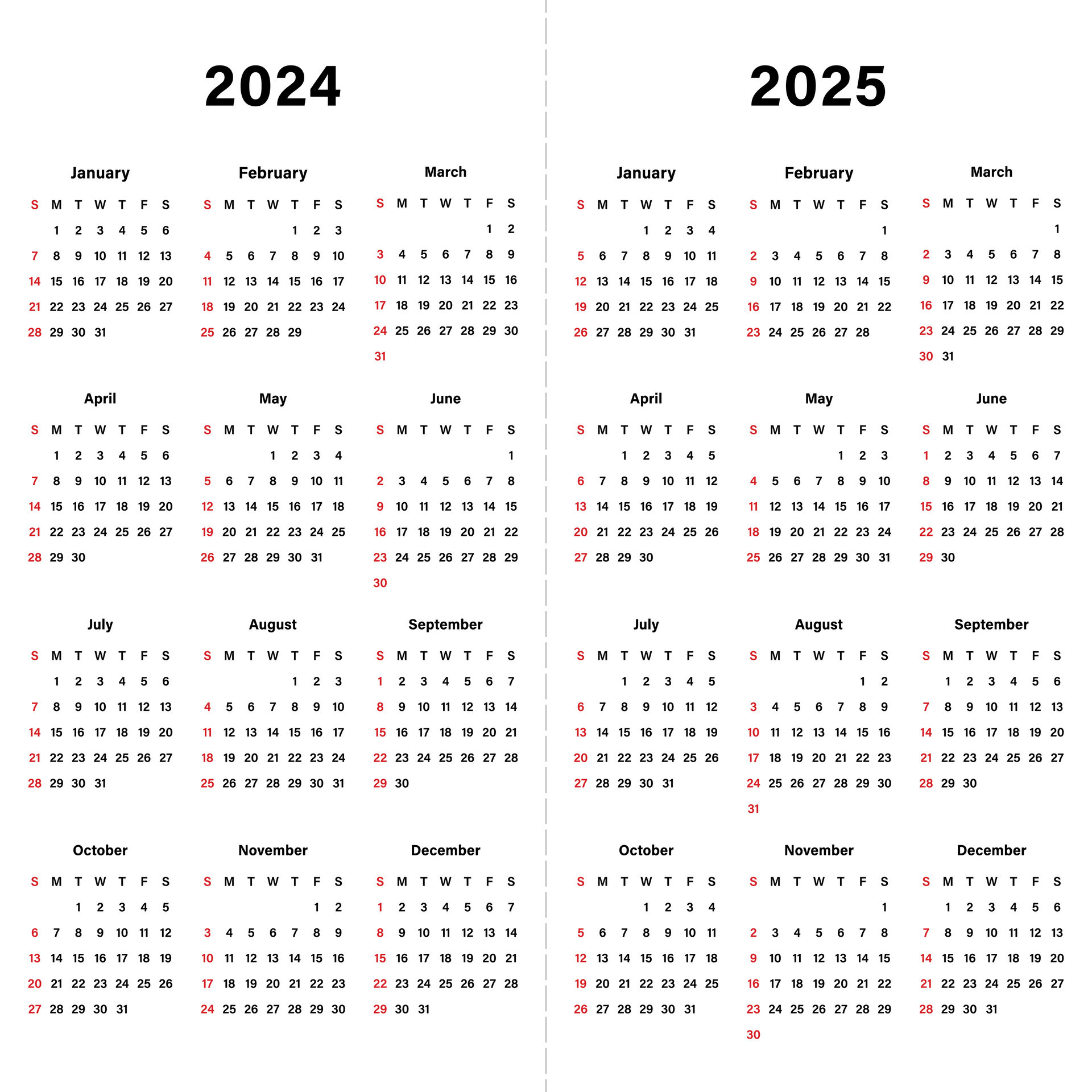Calendar 2024 and Calendar 2025 template design. Design for plan note, agenda, office annual 