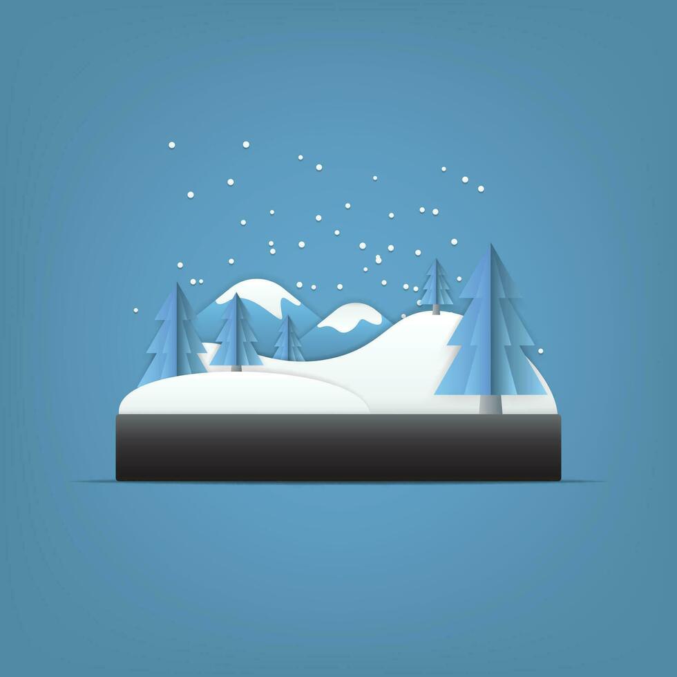 Winter Landscape Vector Illustration in Papercut Style with Trees, Snow, and Mountains