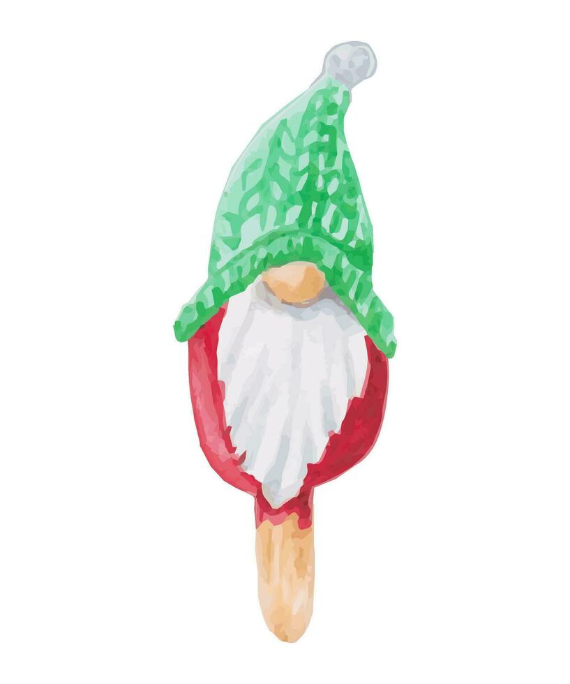 Christmas and New Year illustration. Gnome festive ice cream or cake. Sweets on a stick. Watercolor and markers. Isolated handmade art. vector