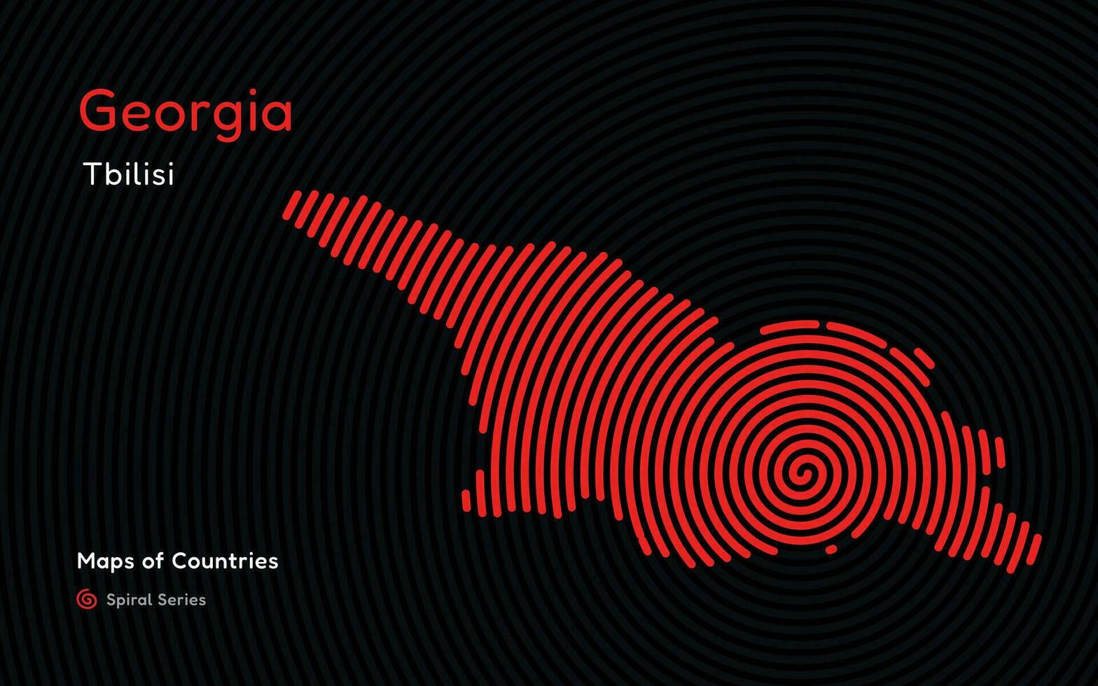 aislado resumen espiral vector eclosionado mapa de Georgia en un negro fondo, identificando sus capital ciudad, Tiflis. espiral huella dactilar serie
