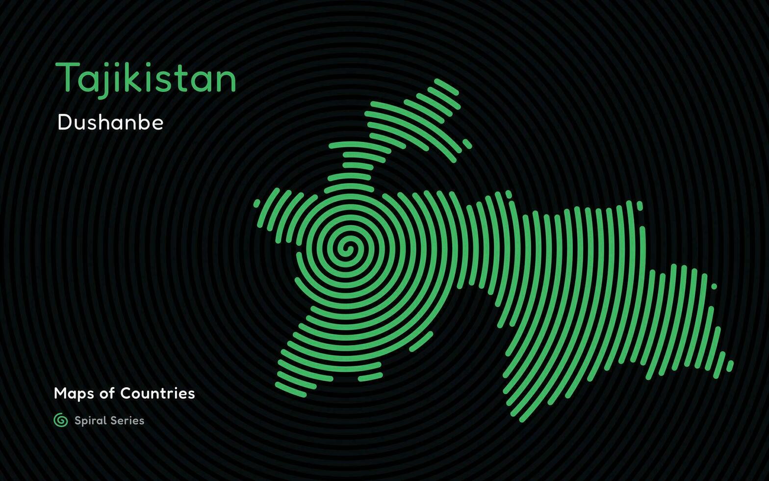 Isolated abstract spiral vector hatched map of Tajikistan on a black background, identifying its capital city, Dushanbe. Spiral fingerprint series