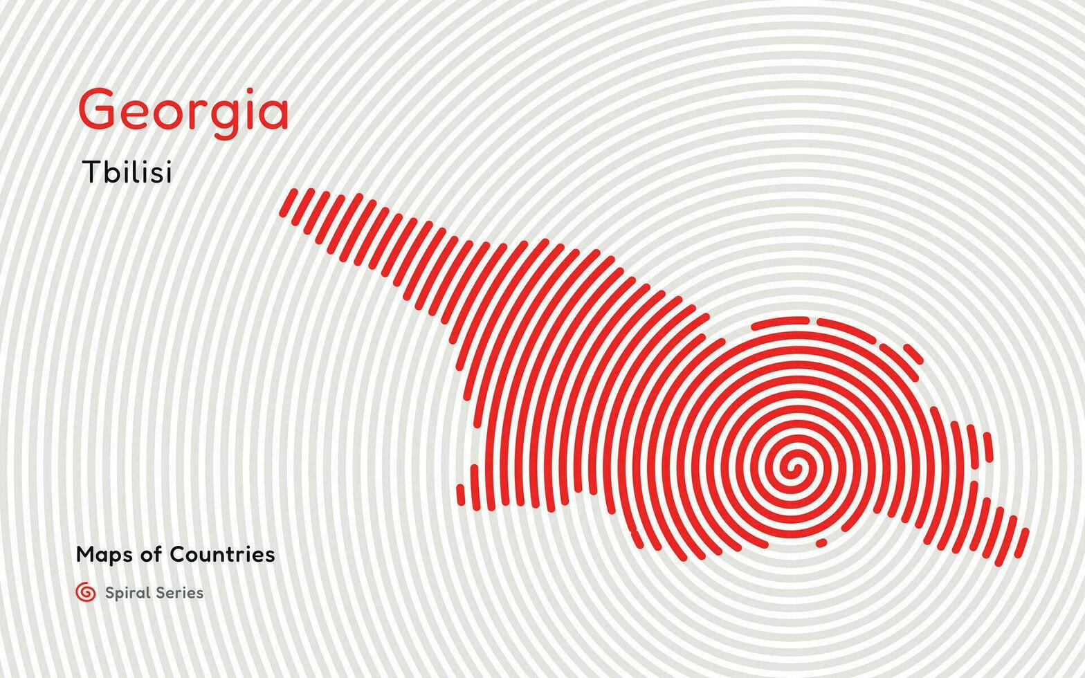 Isolated abstract spiral vector hatched map of Georgia on a white background, identifying its capital city, Tbilisi. Spiral fingerprint series